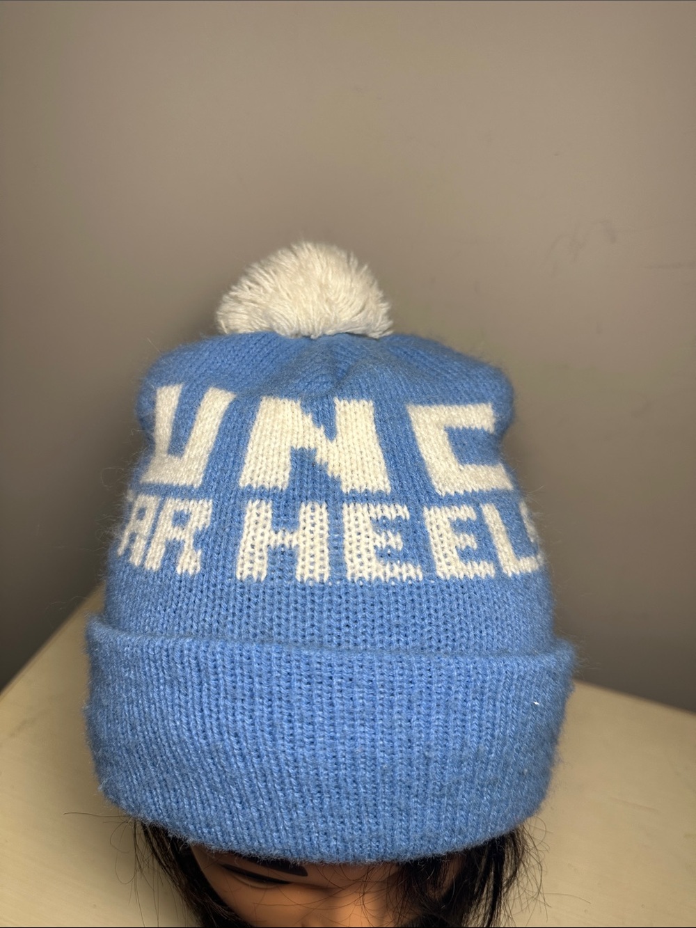 UNC Light Blue & White vintage Pom Pom 
Beanie